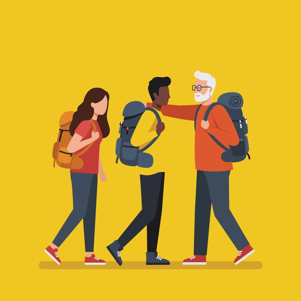 Group of diverse hikers with backpacks walking and greeting each other on yellow background illustration vector