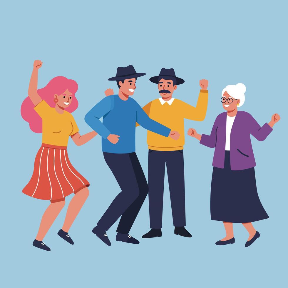 Group of happy people dancing together wearing colorful clothes and hats illustration vector