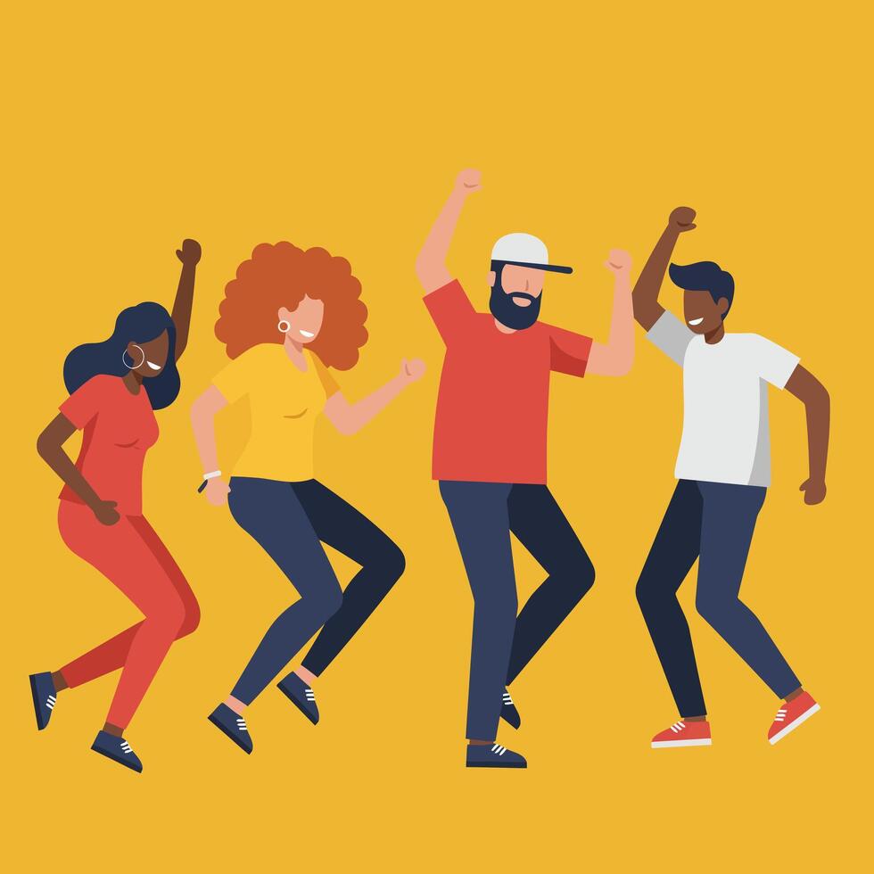 Diverse group of people dancing and celebrating together on yellow background illustration vector