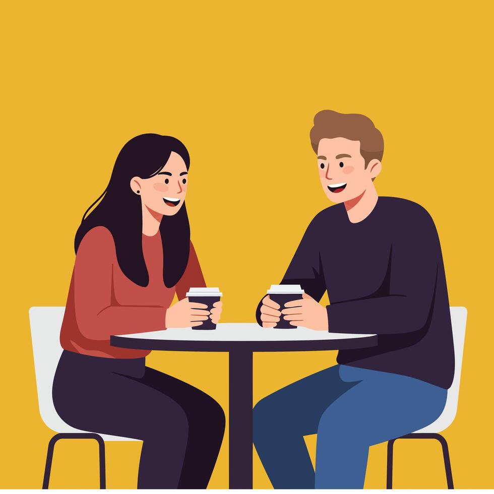 Young couple enjoying coffee together in casual setting with yellow background and modern chairs illustration vector