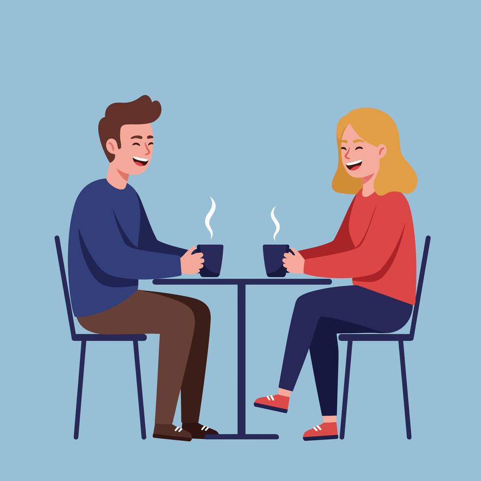 Two people enjoying coffee together sitting at a table friendly casual conversation illustration vector