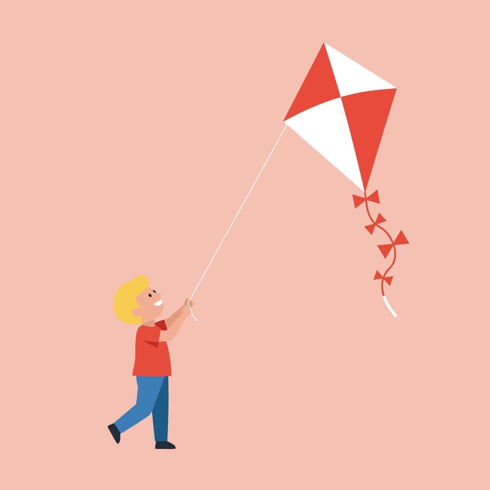 Boy flying red and white kite in simple flat style illustration with peach background vector
