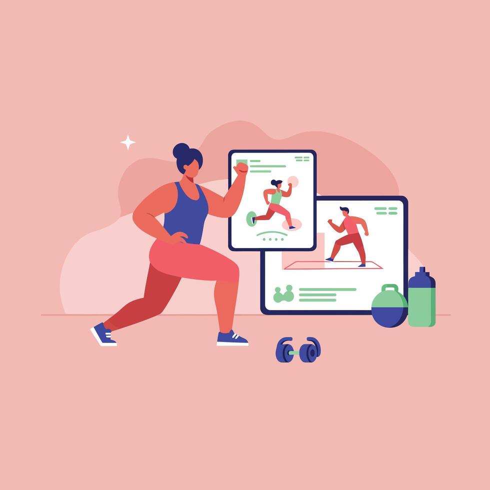 Woman exercising with digital fitness training app on screen and gym equipment in pink background illustration vector