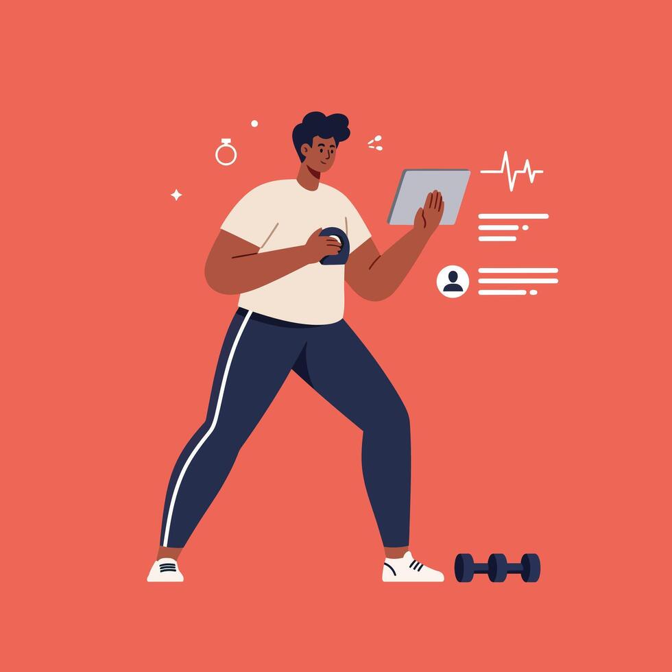 Man using fitness tracker and digital tablet for health monitoring and exercise tracking in modern lifestyle illustration vector