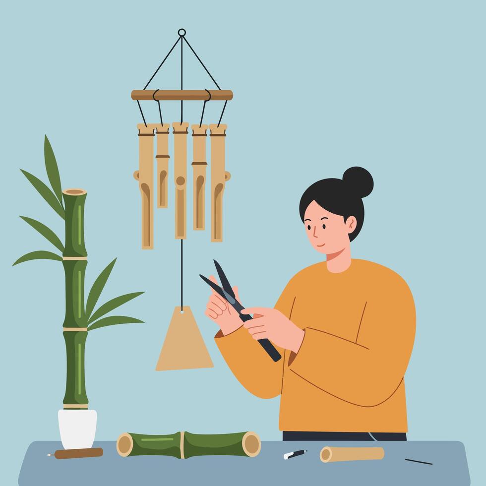 Woman crafting bamboo wind chime with scissors and bamboo stalks in minimalist home decor setting vector