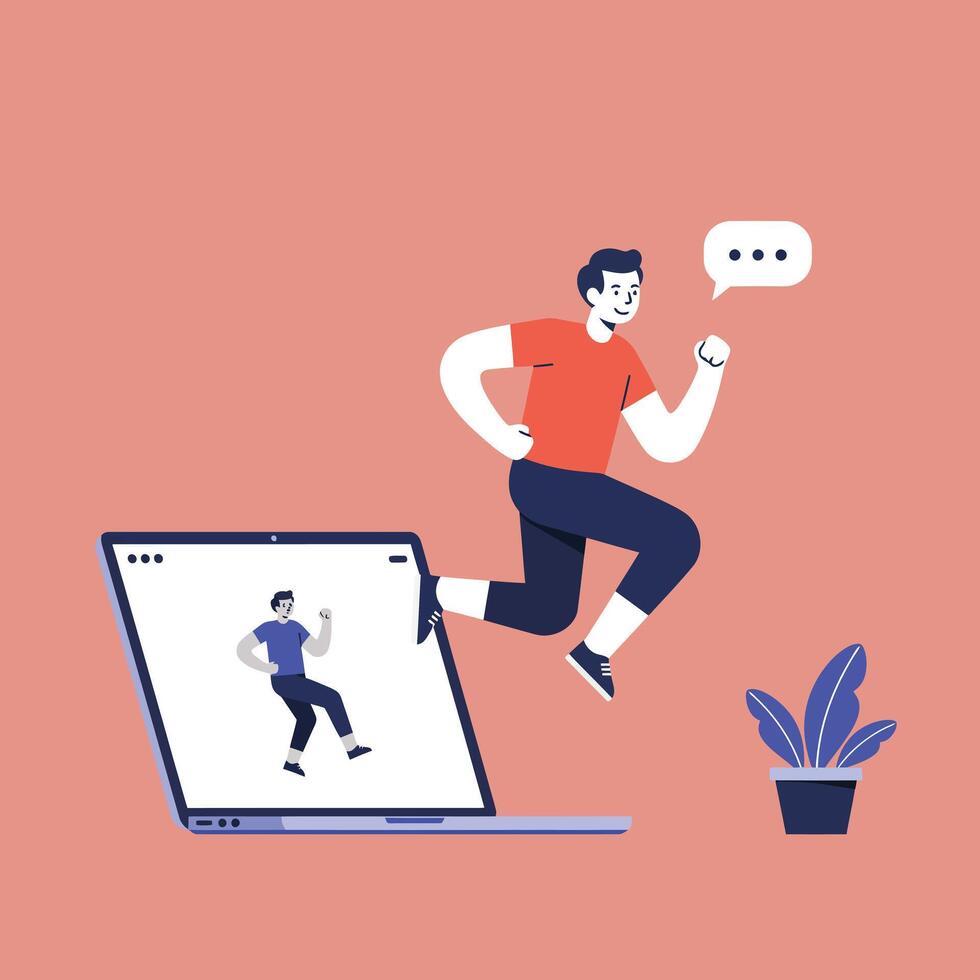 Man jumping out of laptop screen concept for online communication and digital interaction illustration vector