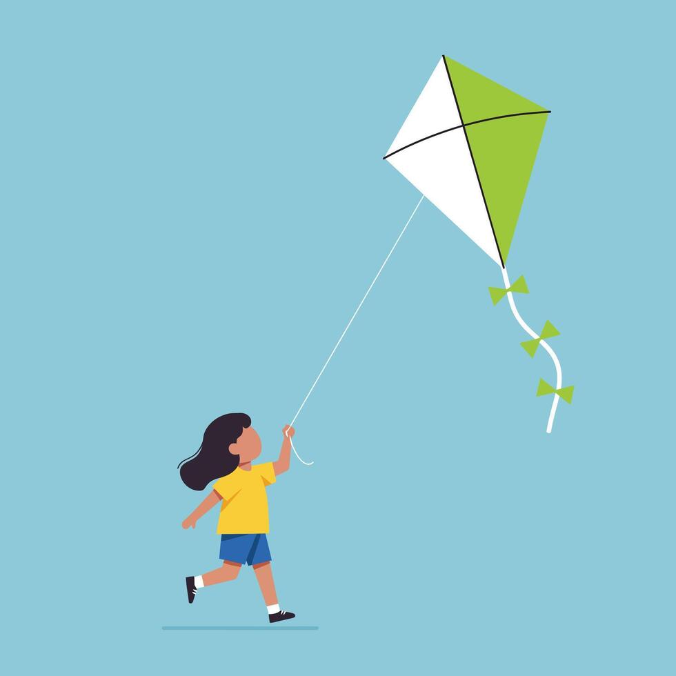 Child flying green and white kite on blue sky background illustration with playful summer activity vector