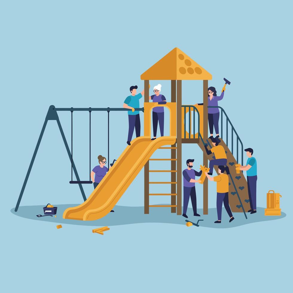 Playground construction teamwork with people assembling play structure and slide illustration vector