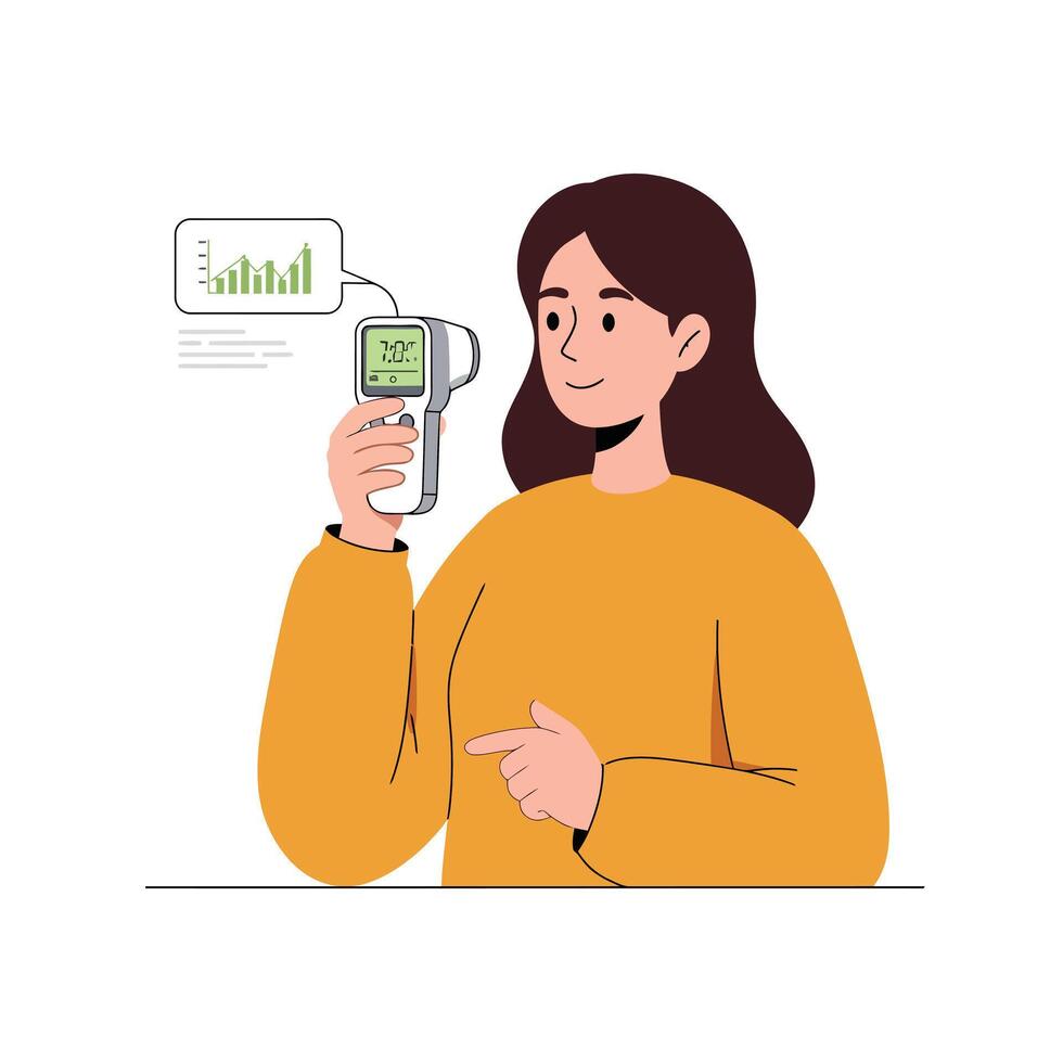 Woman using digital thermometer for temperature check with data graph illustration image vector