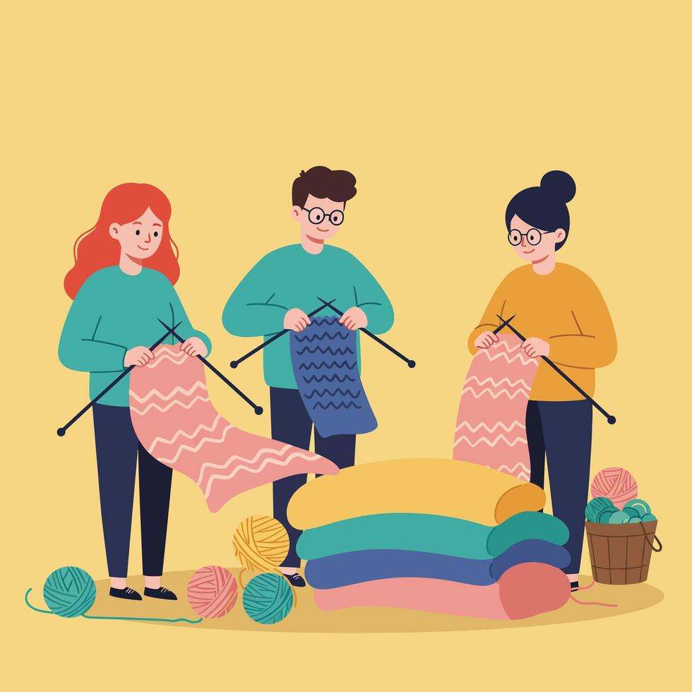 Group of people knitting colorful sweaters with yarn balls in casual lifestyle activity illustration vector
