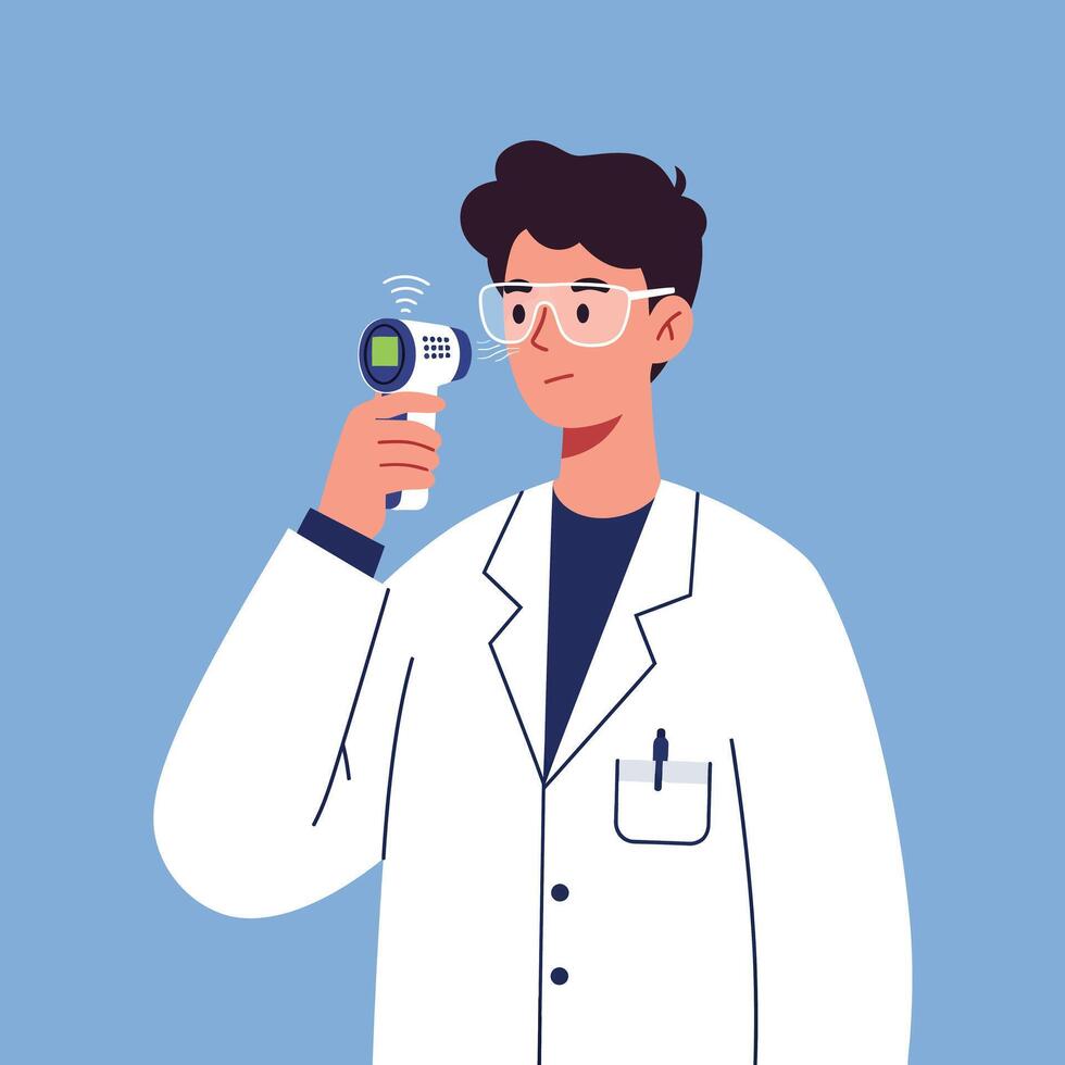 Male doctor using infrared thermometer for temperature check in medical setting illustration vector