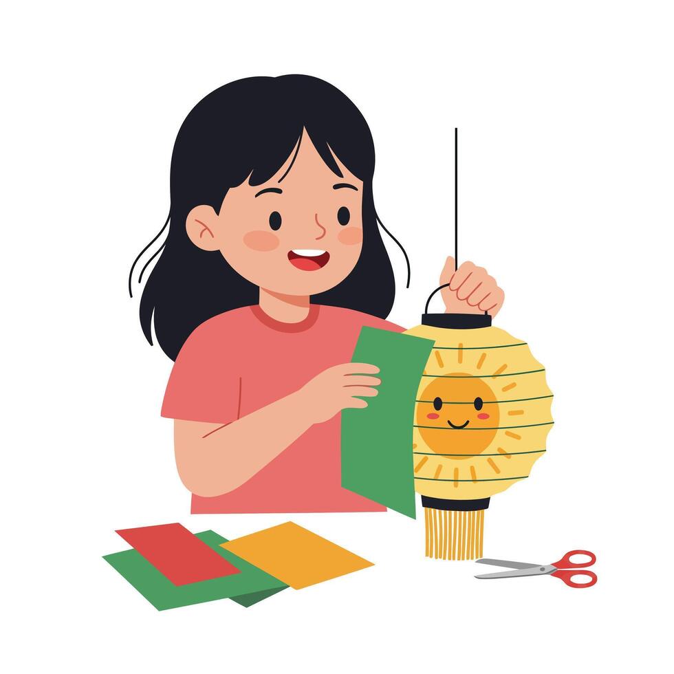 Girl crafting colorful paper lantern with smiling face in creative leisure activity illustration vector
