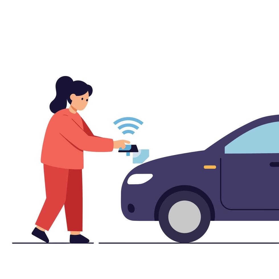 Woman using wireless key to unlock car door in modern technology illustration vector