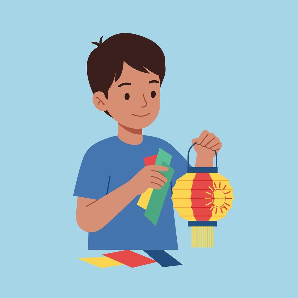 Boy holding colorful paper lantern and crafting decorations in creative leisure activity illustration vector