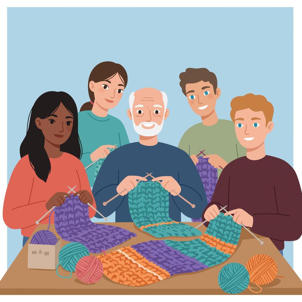 Multigenerational group knitting colorful scarves together at home in cozy lifestyle activity vector