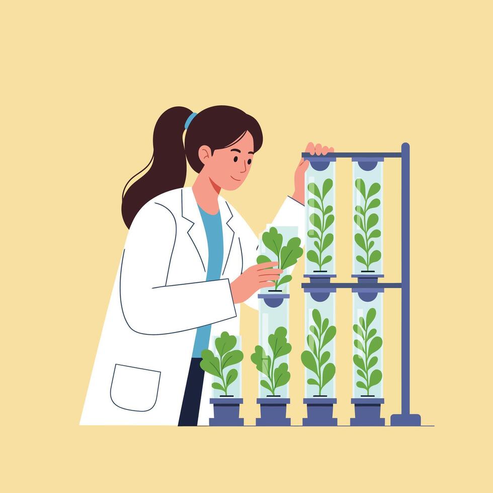 Female scientist examining plants in lab coat with vertical hydroponic garden for plant research and growth illustration vector