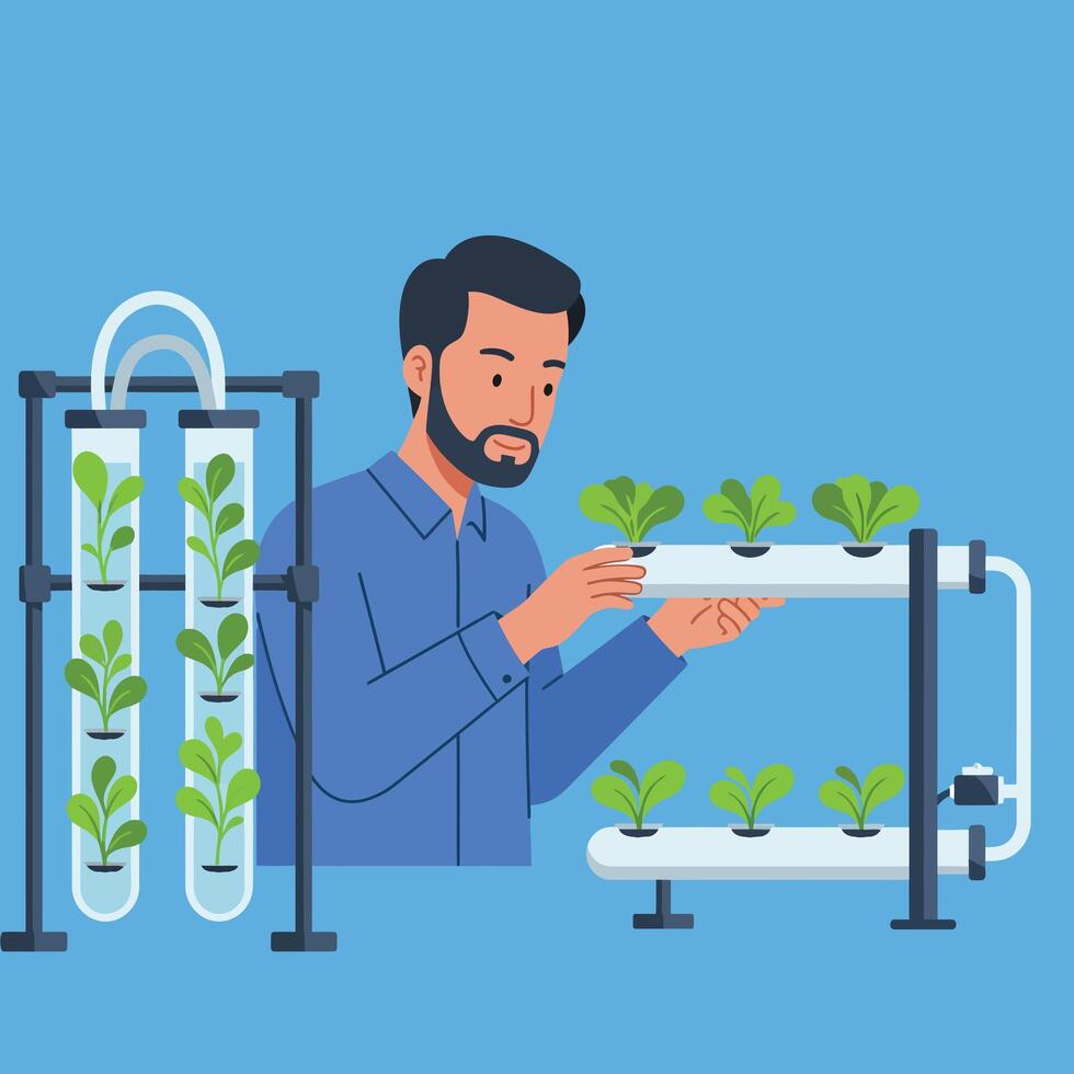 Man inspecting hydroponic plants in indoor vertical garden setup with blue background and green leaves illustration vector