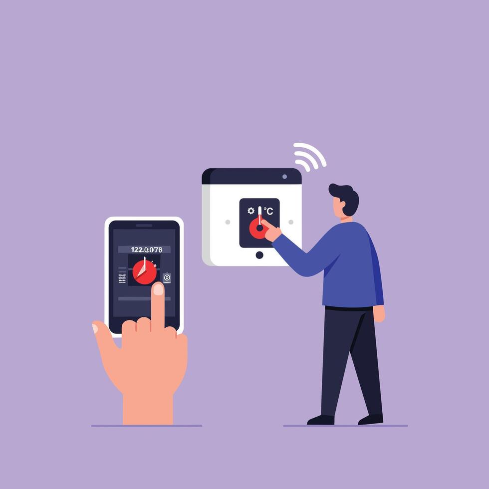 Smart Home Thermostat Control with Mobile Device and User Interaction Technology Illustration vector