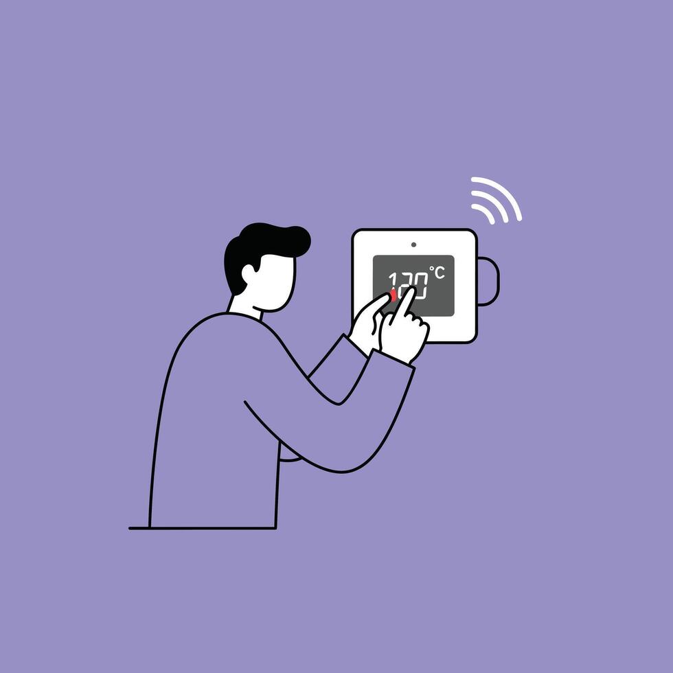 Person adjusting digital thermostat temperature control on purple background illustration vector