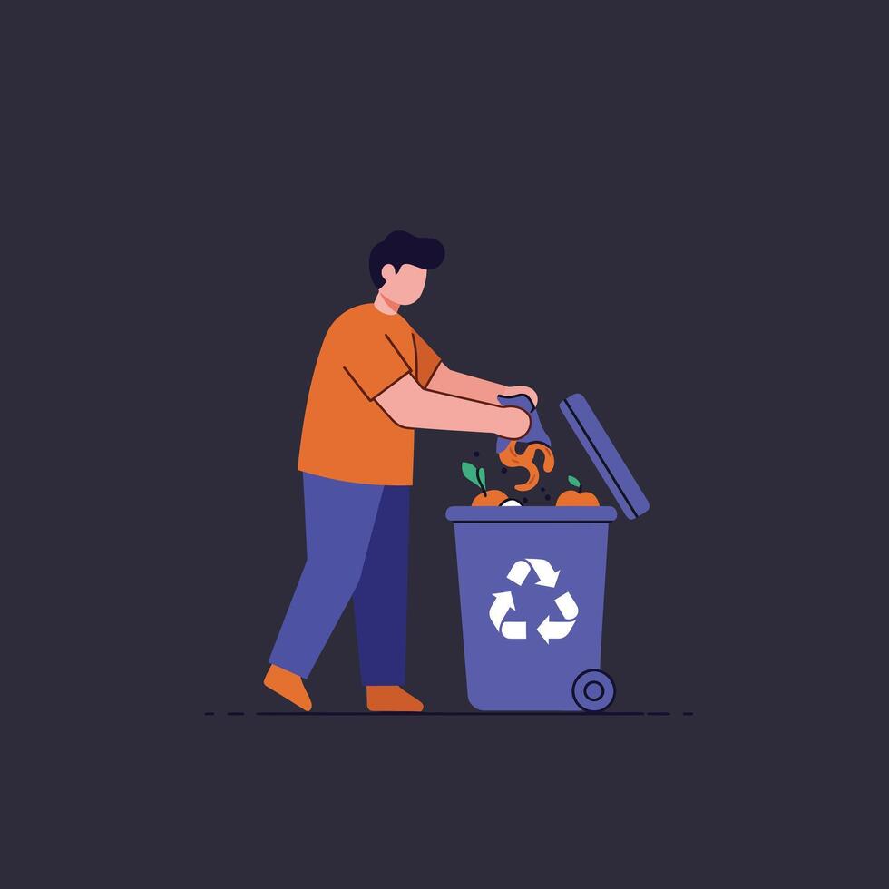 Man Recycling Organic Waste into Blue Bin with Recycle Symbol on Dark Background Illustration vector
