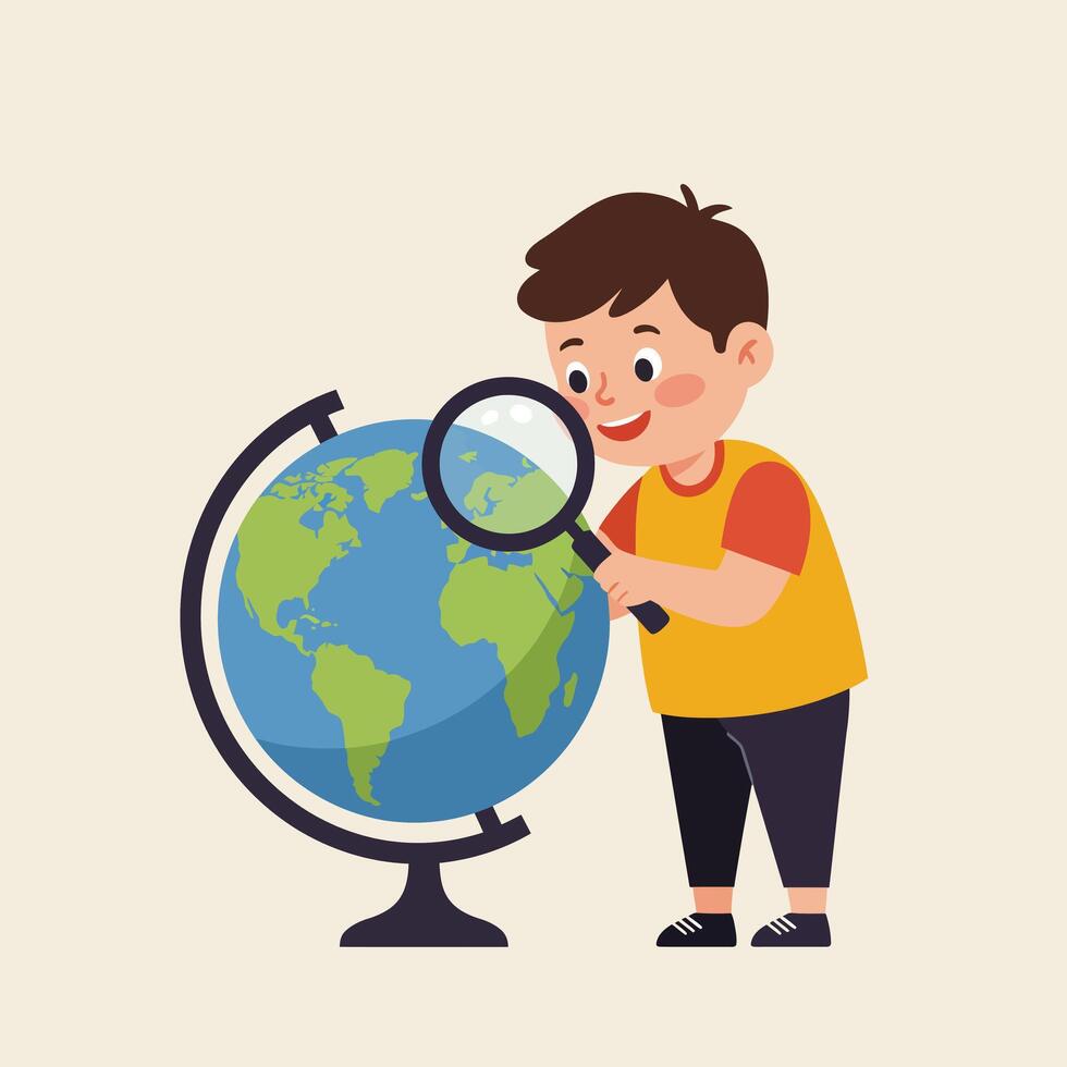 Young boy examining globe with magnifying glass educational curiosity and learning concept illustration vector