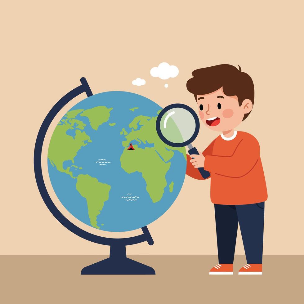 Boy exploring world globe with magnifying glass learning geography and continents educational activity illustration vector