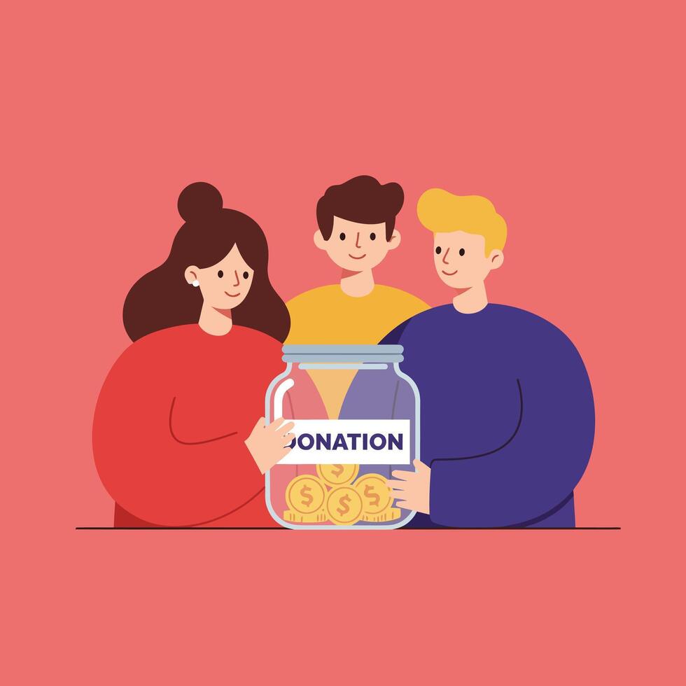 Group of diverse people contributing money to donation jar for charity and fundraising support illustration vector