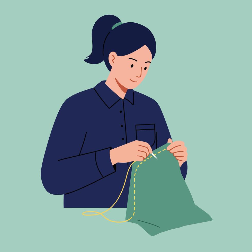 Woman sewing green fabric with yellow thread in simple illustration style vector