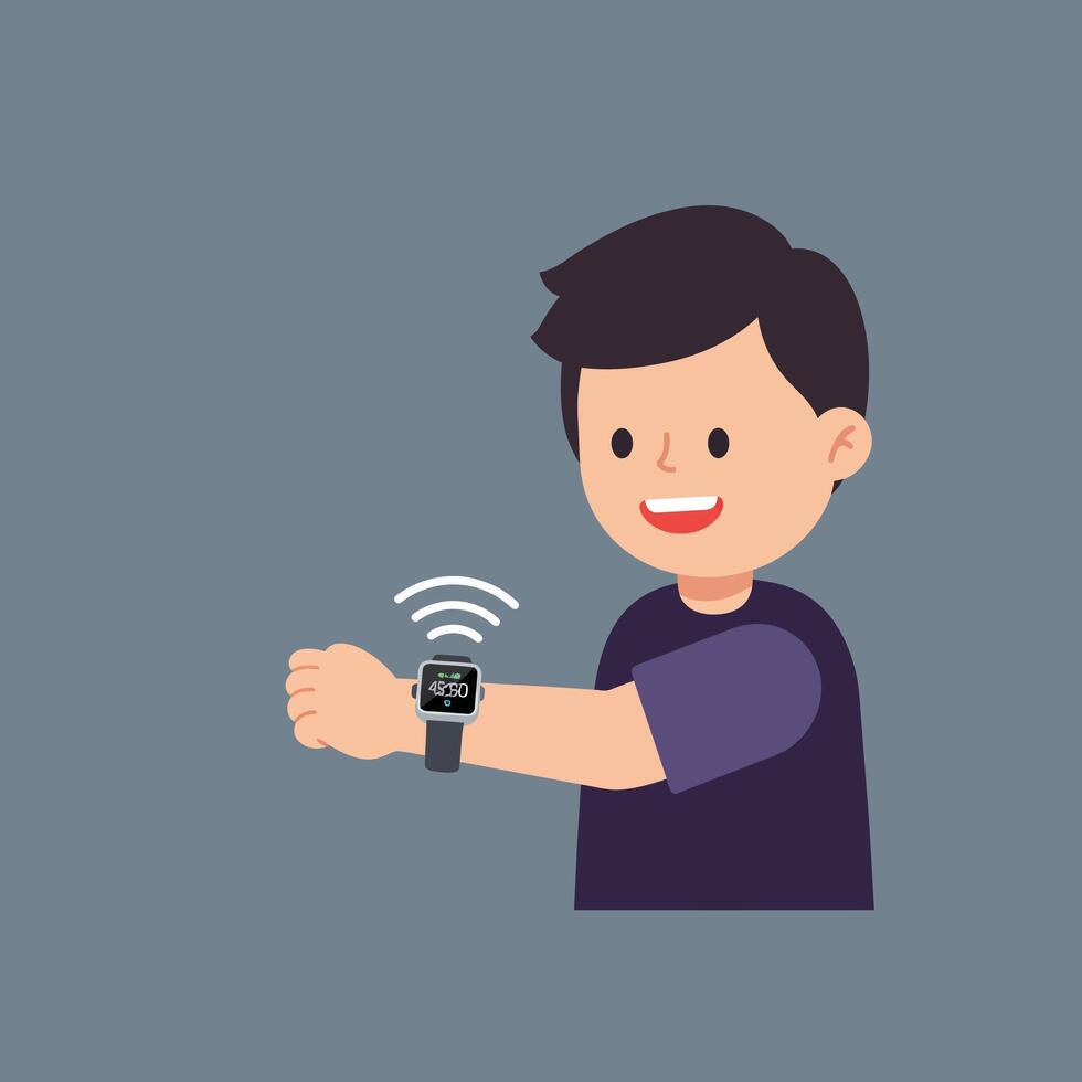 Boy using smartwatch technology for fitness tracking and communication in casual lifestyle activity illustration vector