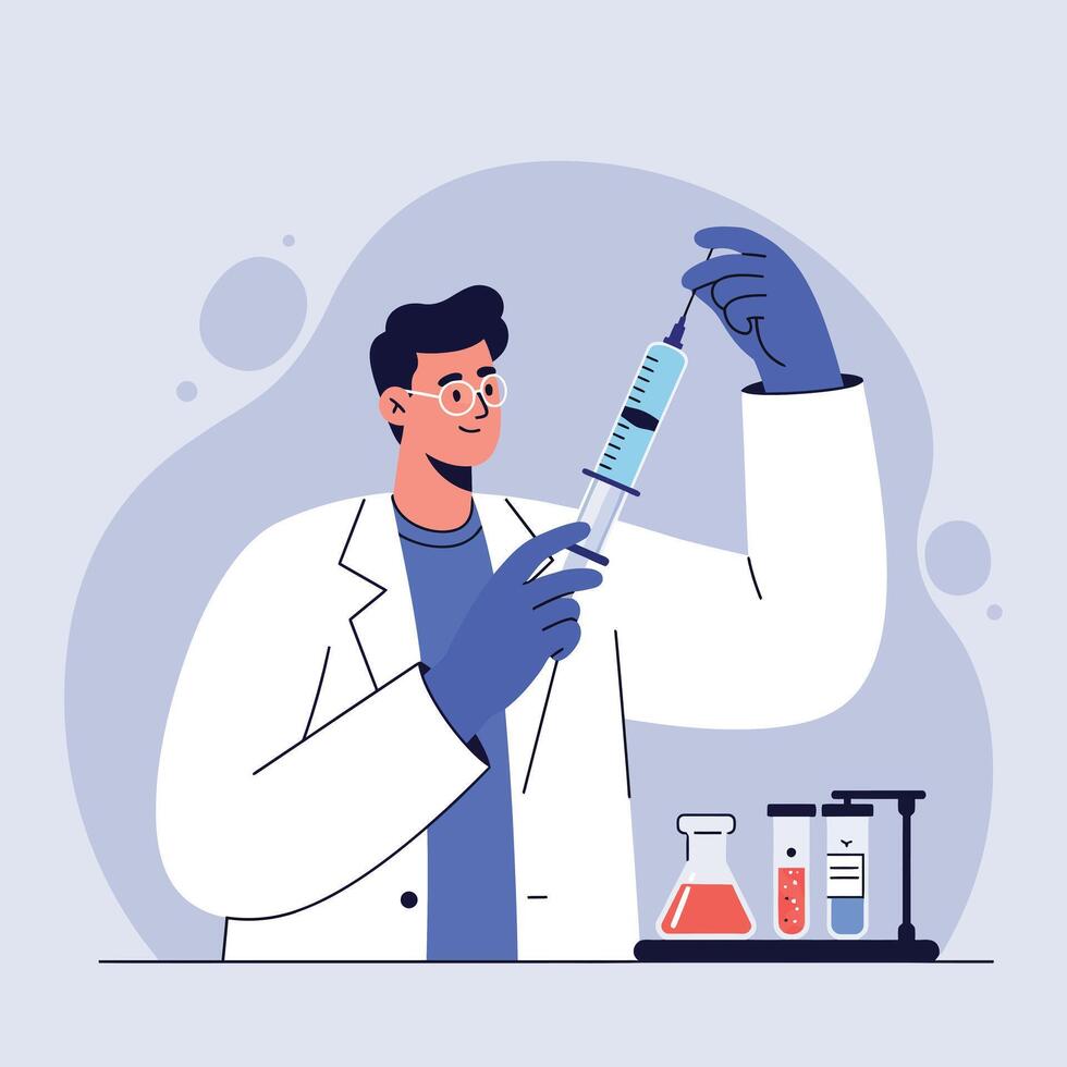 Scientist preparing syringe for laboratory experiment with test tubes and chemical flasks illustration vector