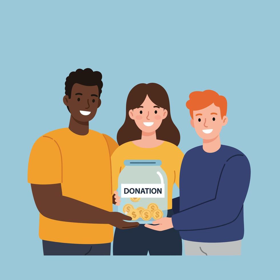 Group of diverse people holding a donation jar supporting charity and community help illustration vector