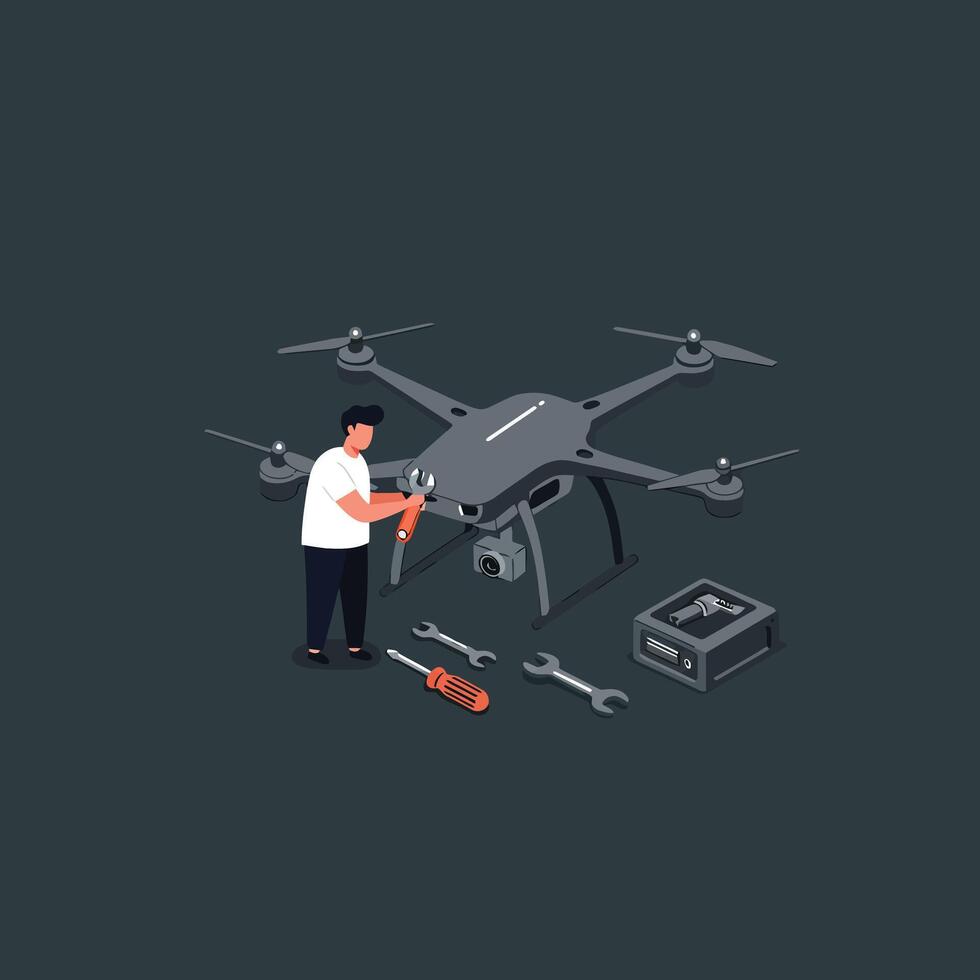 Man Repairing Large Drone with Tools and Equipment on Dark Background Illustration vector
