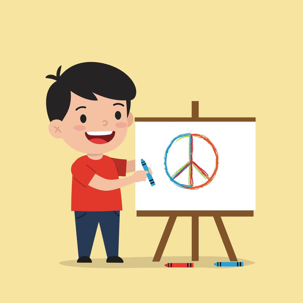 Boy drawing colorful peace symbol on easel with crayons in cheerful classroom setting illustration vector