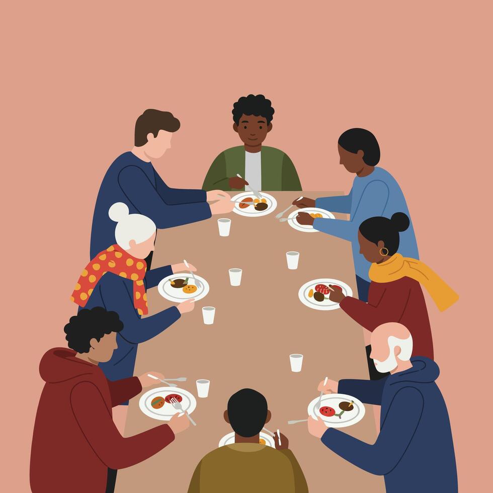 Group of diverse people sharing meal together around table illustration in warm tones and cozy atmosphere vector