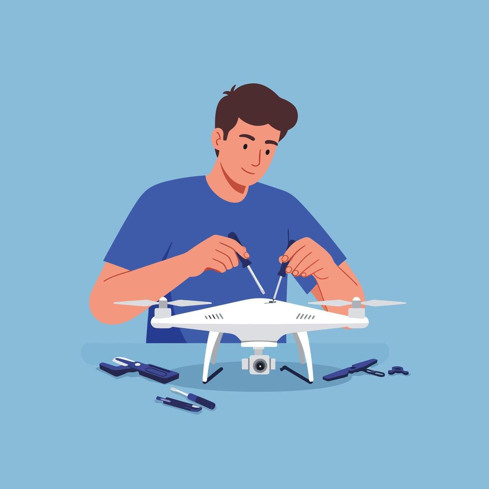 Man assembling white drone with propellers and tools on blue background illustration vector