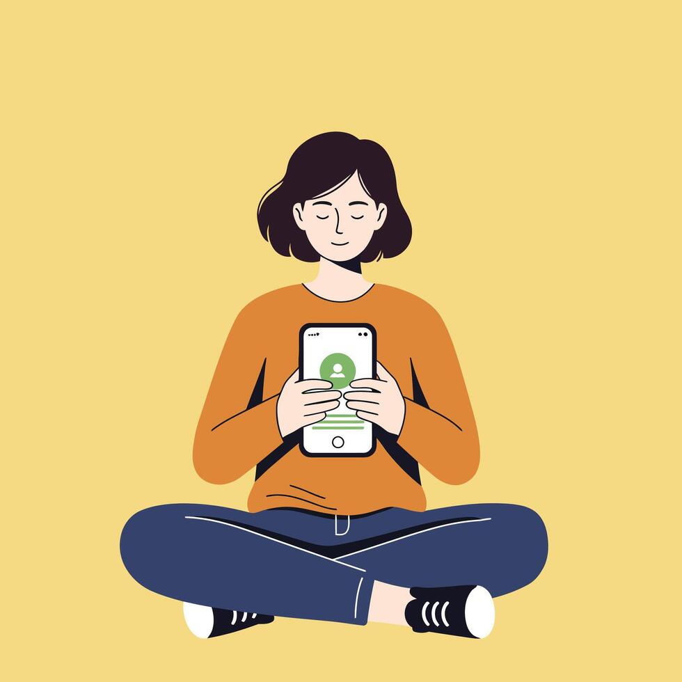Young woman sitting cross-legged using smartphone with green location pin icon on screen in casual style illustration vector