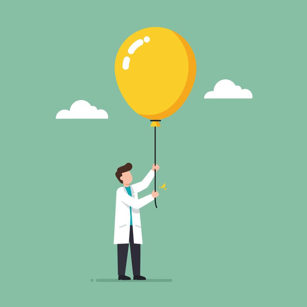 Man in white coat holding yellow balloon with clouds on green background illustration vector