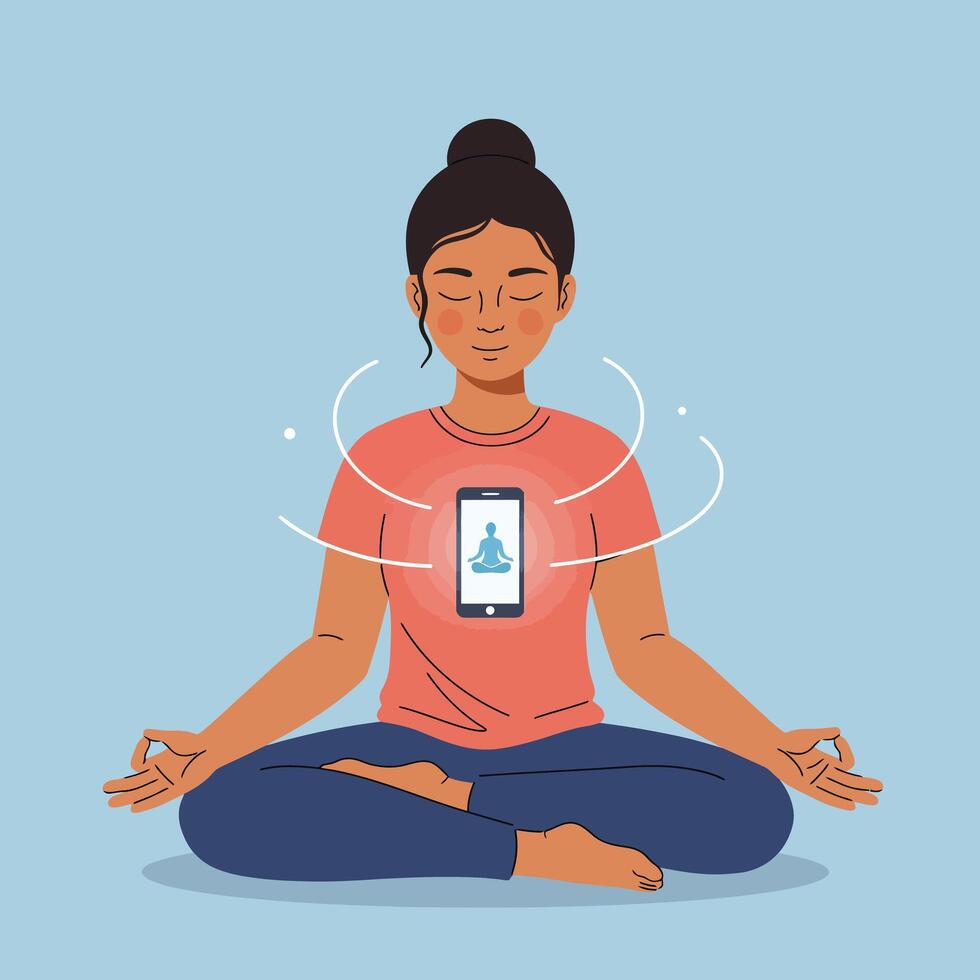 Woman meditating in lotus pose with smartphone meditation app calm lifestyle illustration vector