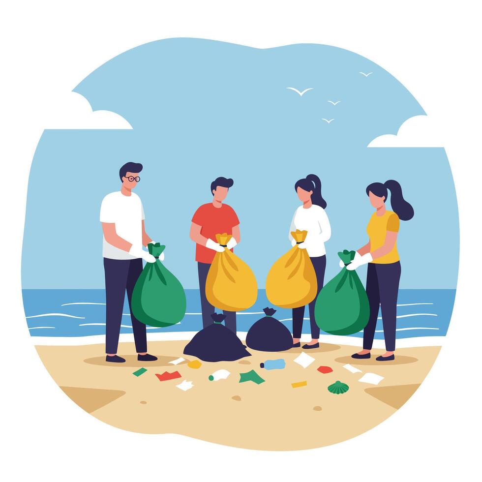Group of people collecting trash and cleaning beach environment with bags and gloves illustration vector
