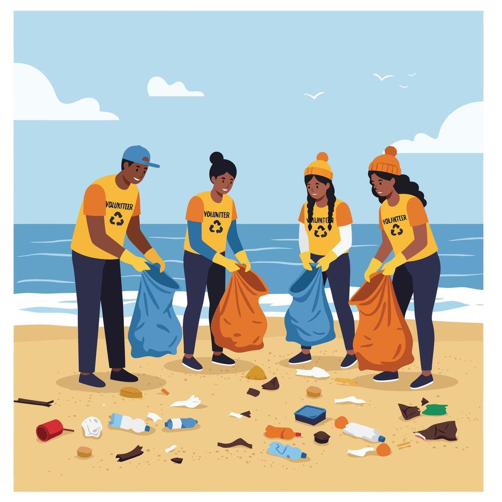Group of volunteers cleaning beach shore collecting trash for environmental protection and recycling awareness campaign vector