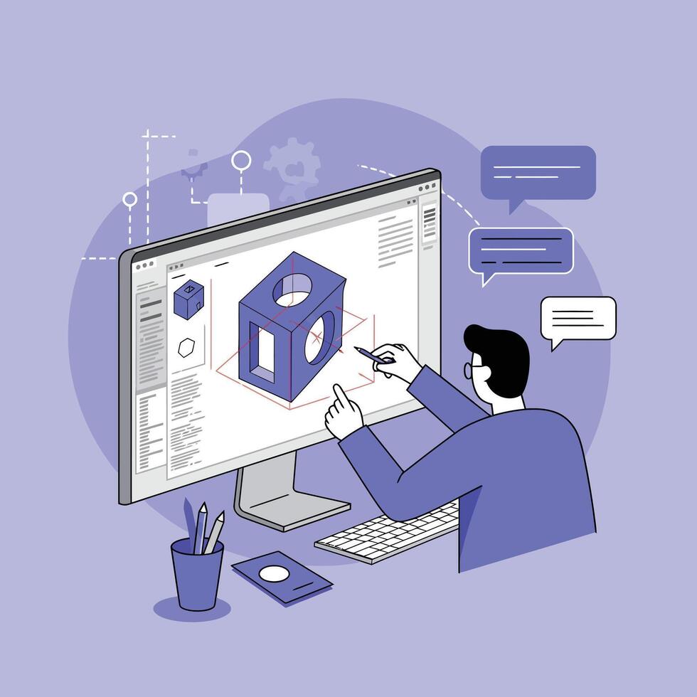 Designer working on 3D modeling software creating geometric shapes on computer screen in office environment vector