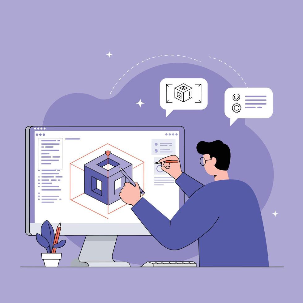 3D modeling software user designing geometric cube on computer screen with purple background illustration vector