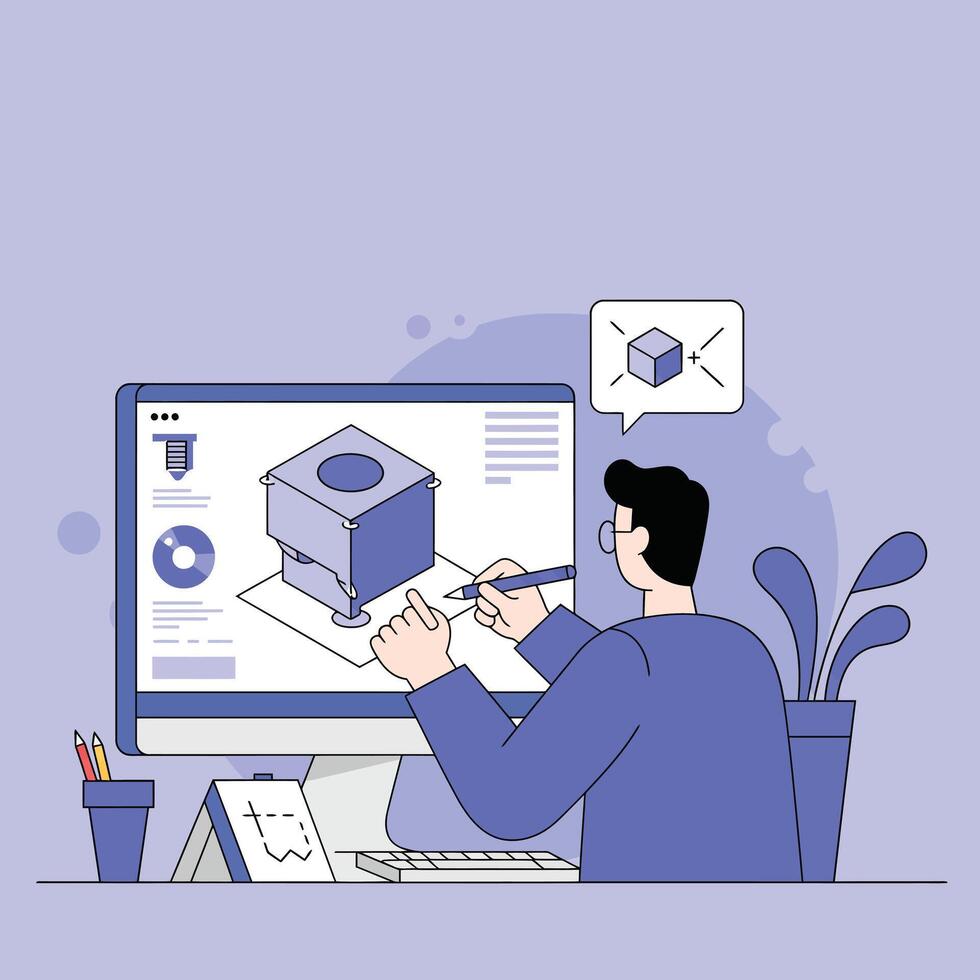 Designer working on 3D cube model with computer software in blue tones illustration vector