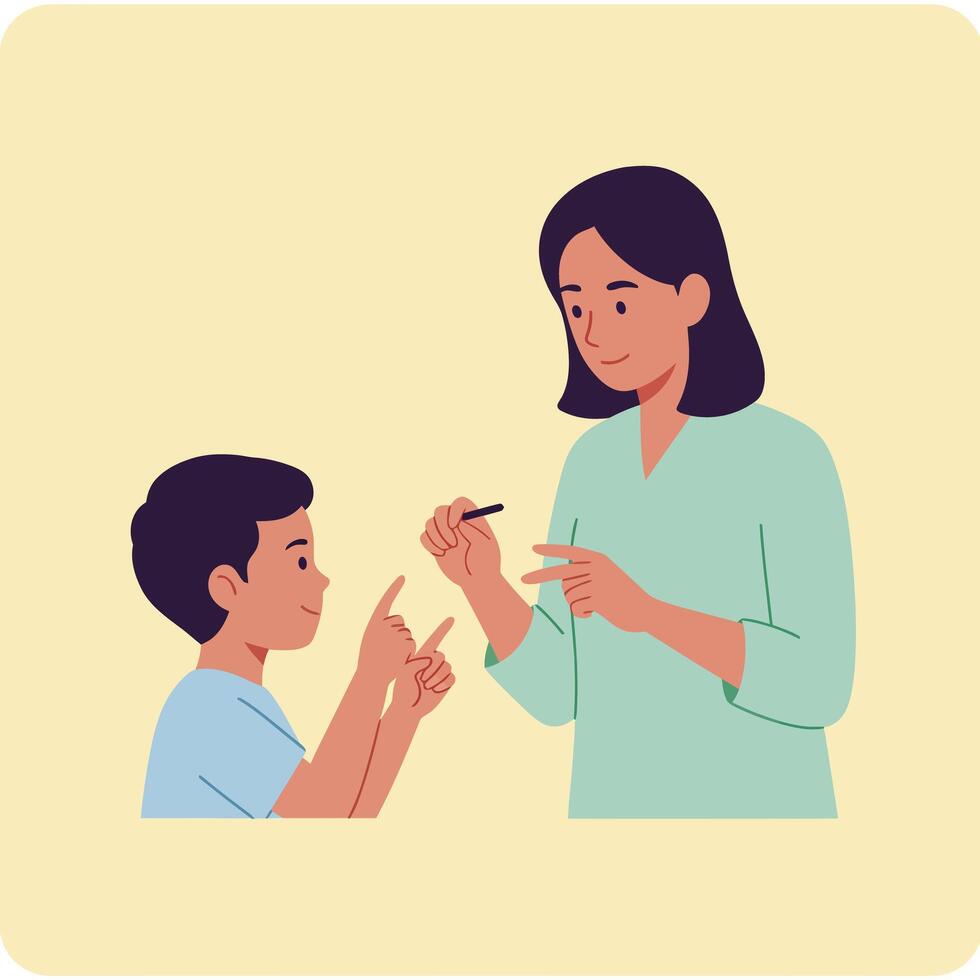 Mother teaching young son sign language communication skills in simple illustration vector