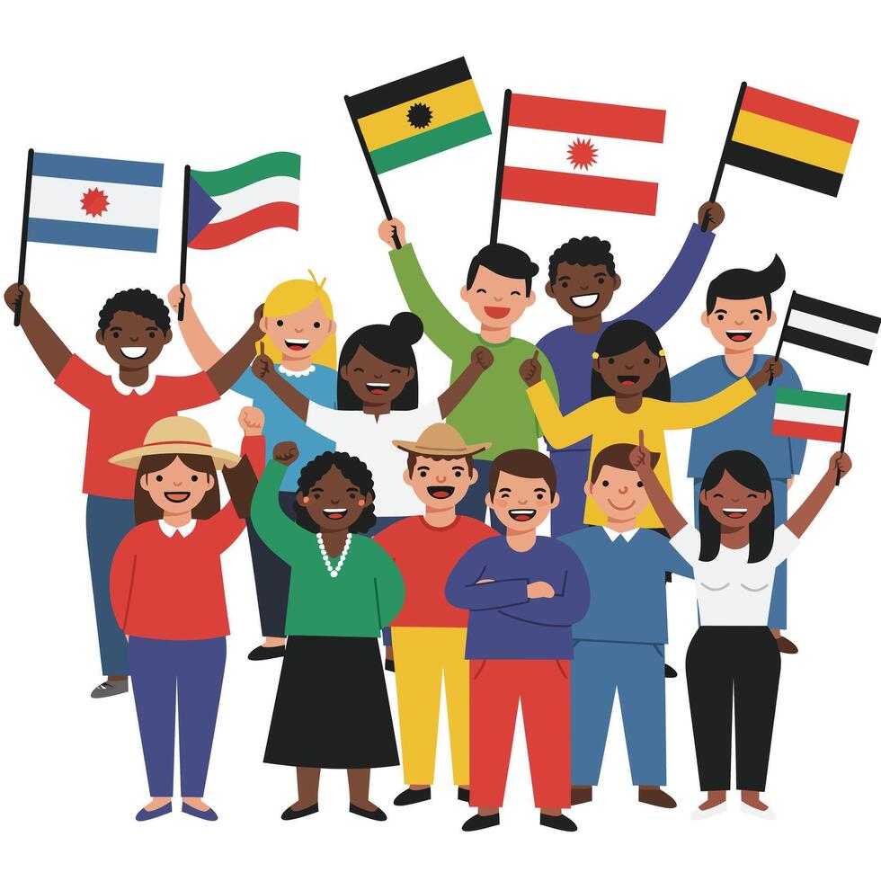 Diverse group of people holding various country flags celebrating global unity and multiculturalism illustration vector