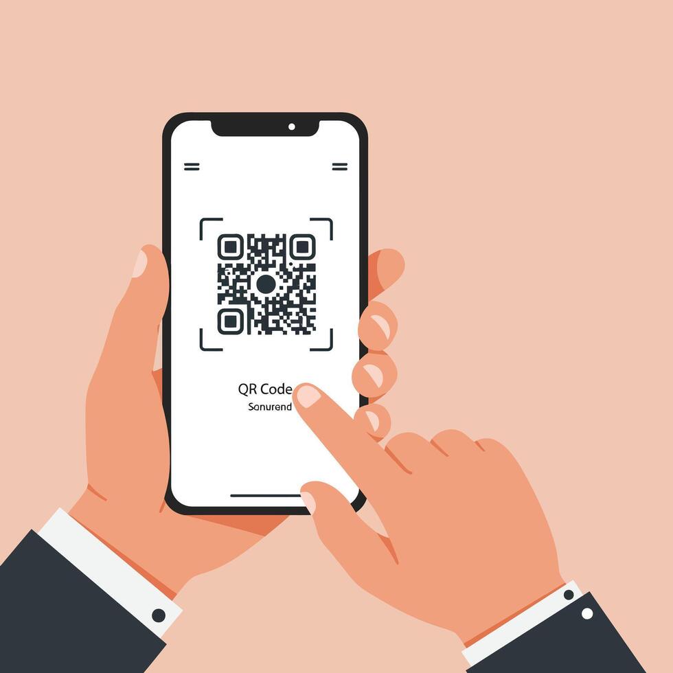 Hands holding smartphone scanning QR code with finger touching screen illustration in flat style vector