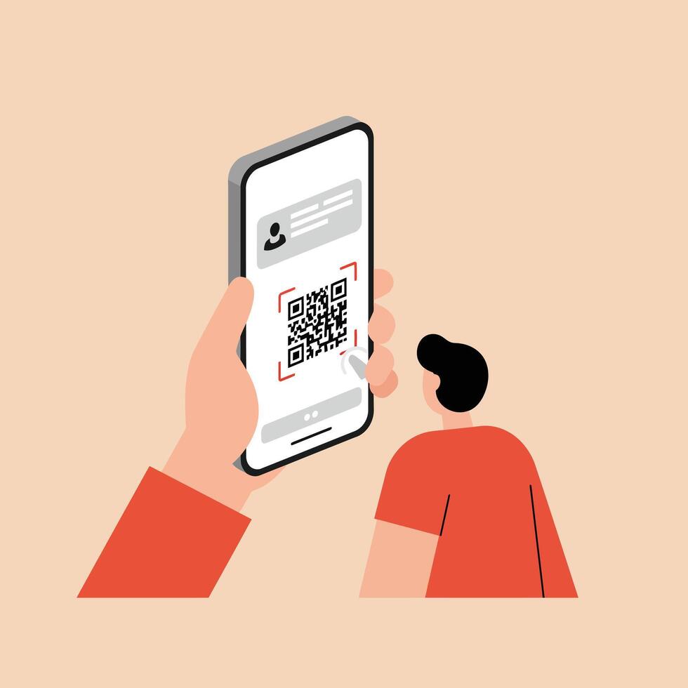 Smartphone scanning QR code with man in red shirt digital technology illustration vector
