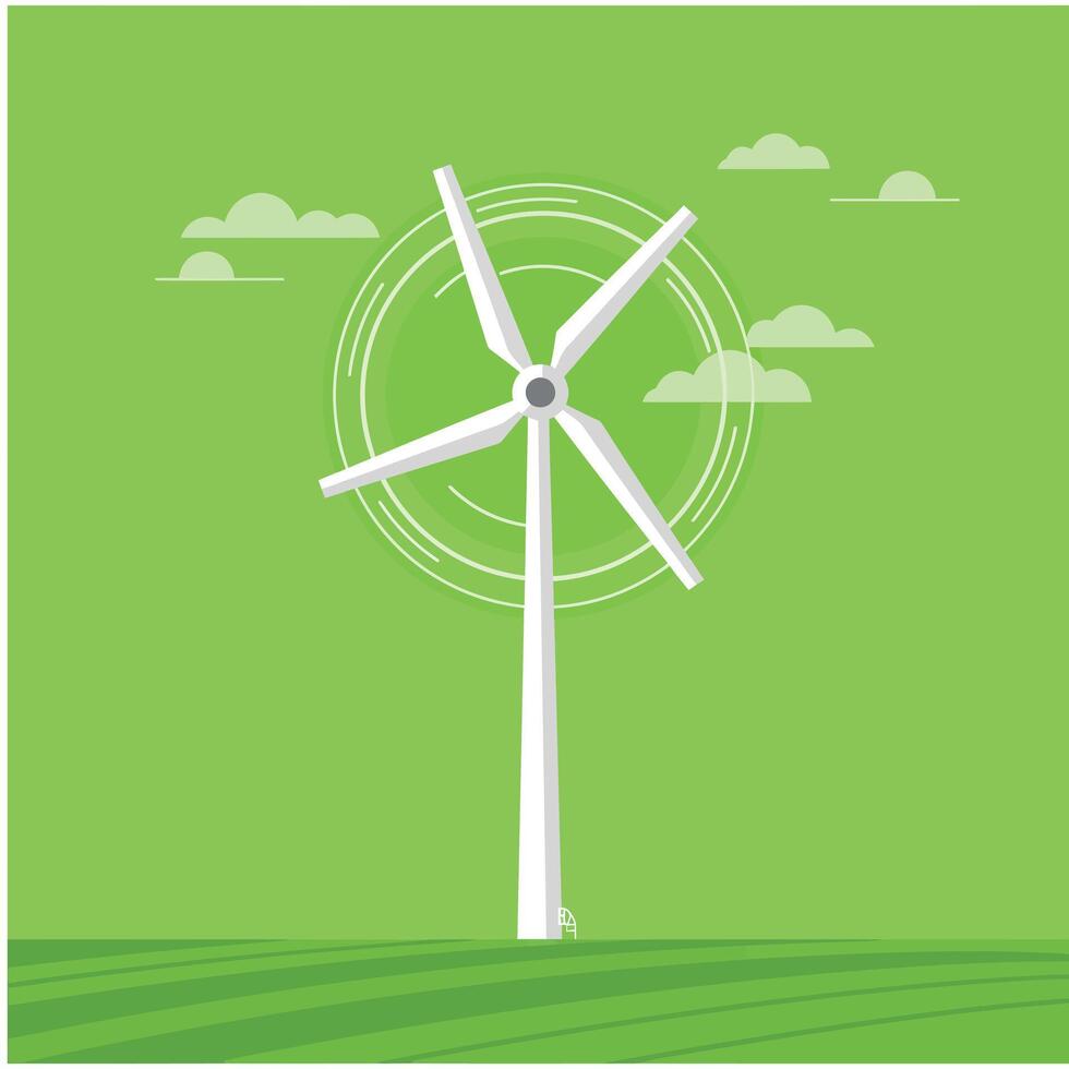 Wind turbine generating clean energy on green field with clouds and circular motion illustration vector