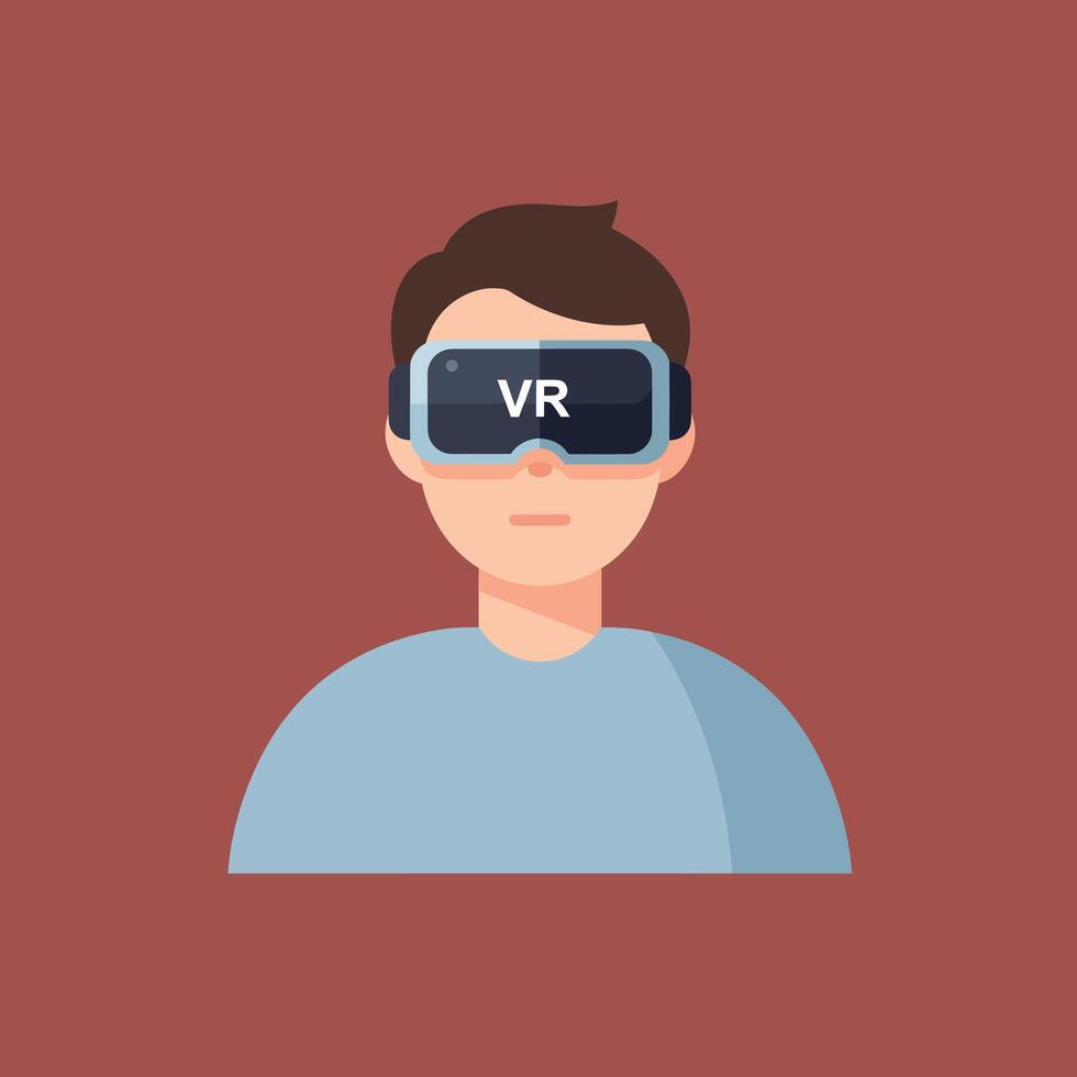 Young man wearing virtual reality headset technology illustration in blue and brown colors vector