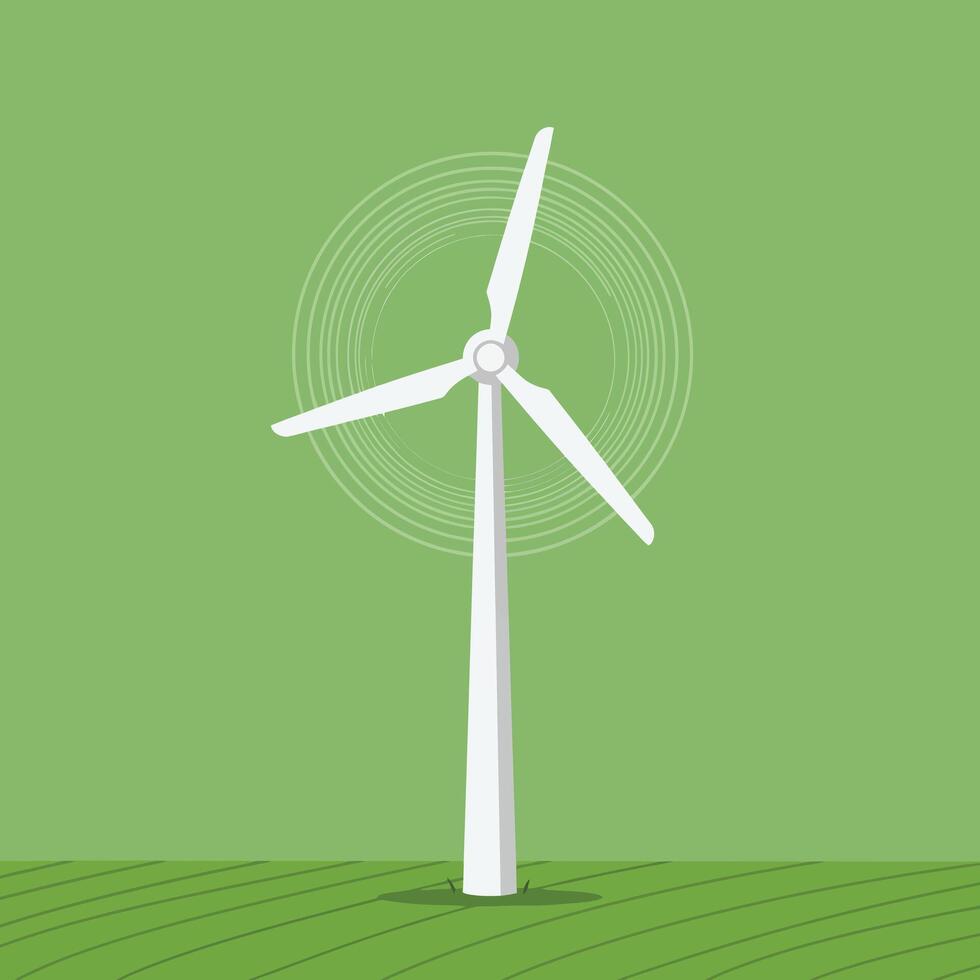 Wind turbine energy generation illustration on green background with rotating blades design vector